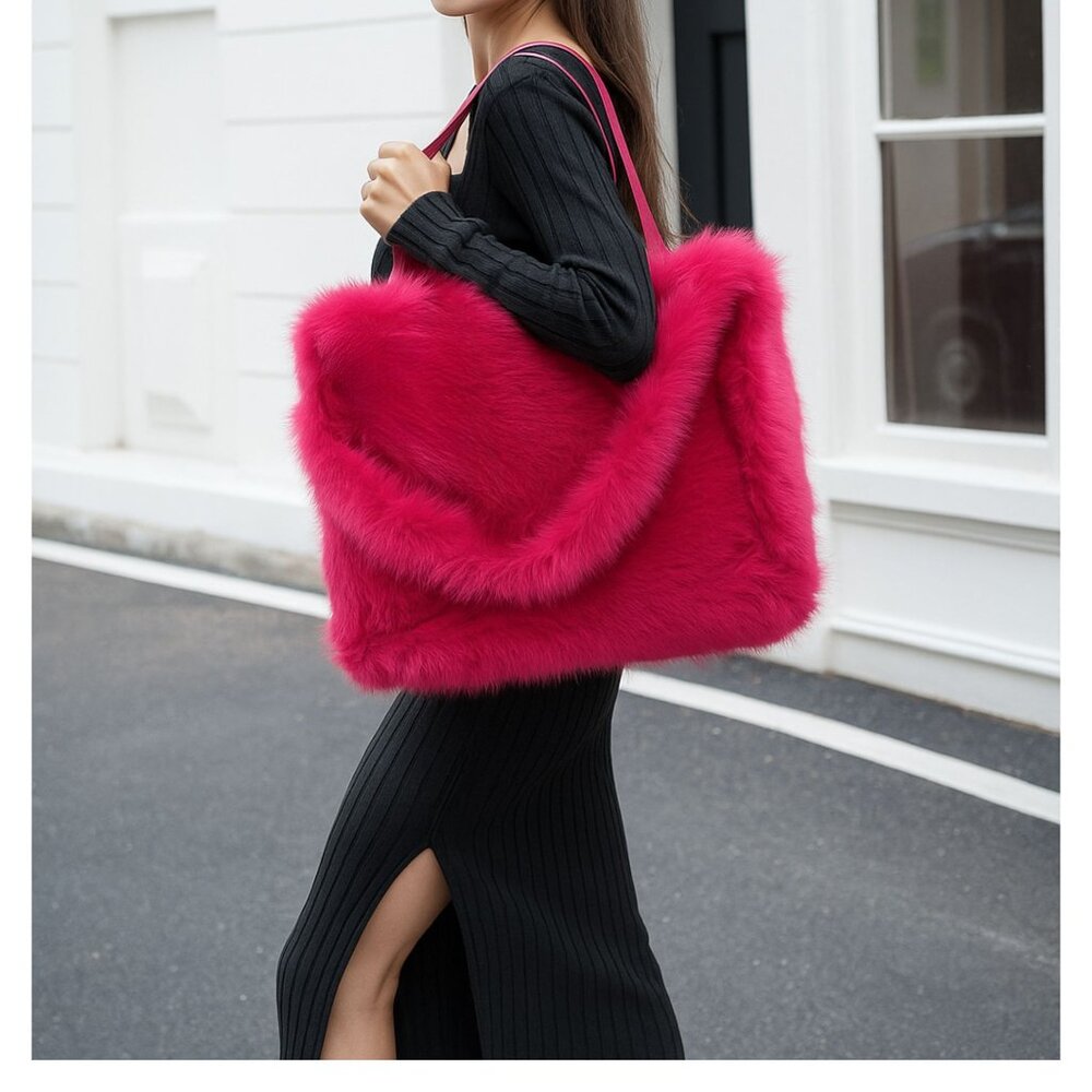 Fuchsia Hot Pink Large Handbag Faux Fur Tote Bag NWT